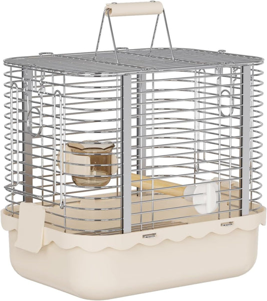 Bird Carrier Travel Cage, Durable Portable Stainless Steel Birdcage with Bird Perch & Feeding Bowl for Parrots Canaries Budgies Lovebirds Conures Cockatiels (Small Light Brown)