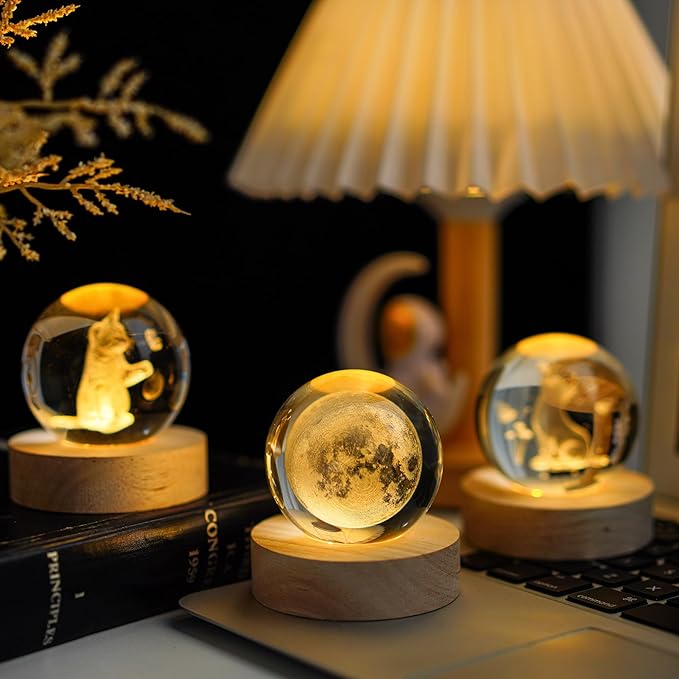 YU FENG 3D Carved Moon Crystal Ball with with Warm White Light Base for a Warm and Mysterious Ambiance 2.36 Inches