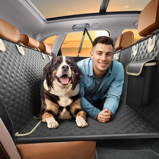 SHARLOVY Back Seat Extender for Dogs, Heavy Duty Dog Car Seat Cover for Back Seat and Aggressive Chewer, Large Hard Bottom Seat Cover for Dogs, Dog Hammock for Car, Travel Pet Bed for Car, SUV, Truck