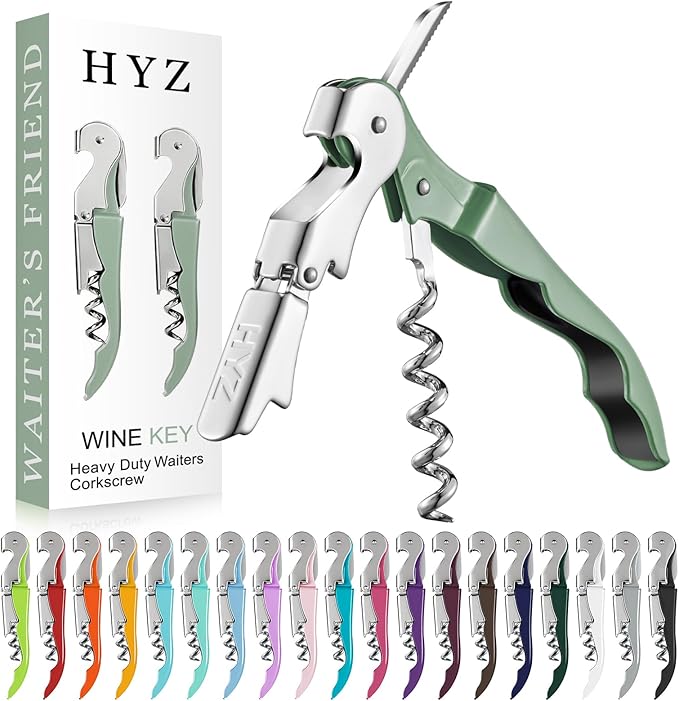 HYZ 2-Pack Wine Opener Waiter Corkscrew, Professional Wine Key for Servers, Bartender with Foil Cutter, Manual Wine Bottle Opener Double Hinged (Army Green)
