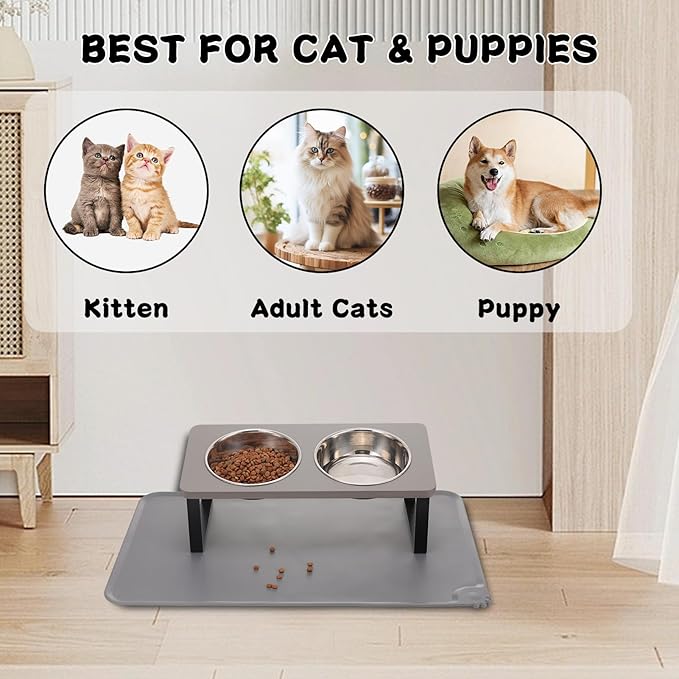 Upgraded Elevated Cat Bowls with Food Mat,15°Tilted Stand Anti Vomiting Raised Cat Dishes for Food and Water,2 Stainless Steel Bowls for Cats and Puppy（Gray）