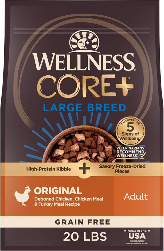 Wellness CORE+ Dry Dog Food with Freeze Dried Pieces, Large Breed, Wholesome Grains, High Protein, Natural, Chicken & Turkey Recipe, (20-Pound Bag)