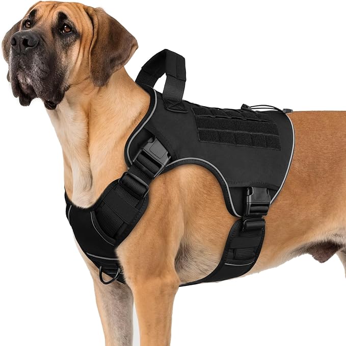 WINGOIN Tactical Dog Harness for Extra Large Dogs, Heavy Duty No Pull Dog Harness with Handle, Adjustable Reflective Military K9 Big Dog Vest for Great Dane, Walking, Training, Hunting, Black (XXL)