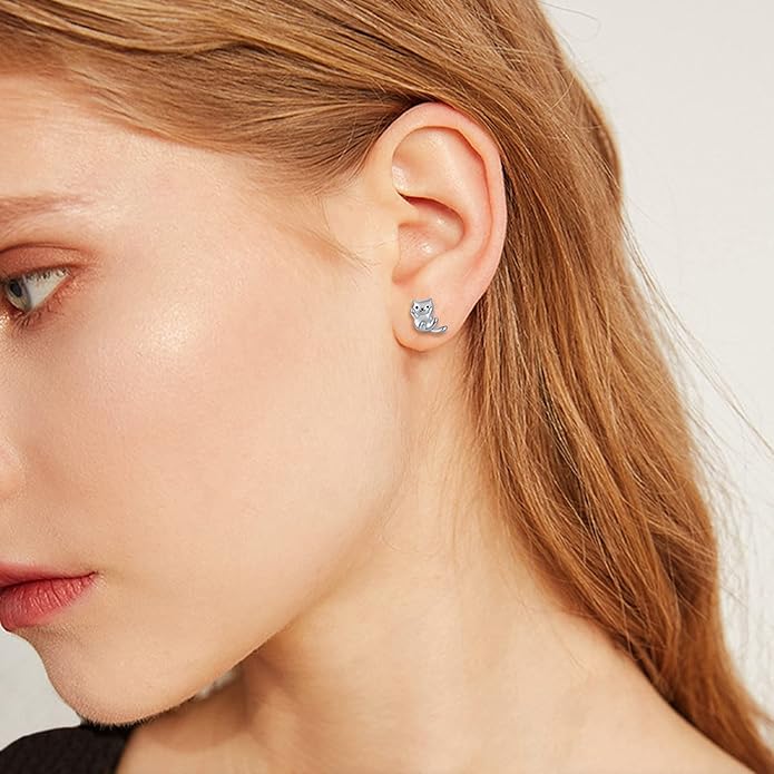 925 Sterling Silver Cat Earrings Cute Animal Kitten Stud Earrings cat Jewelry Gifts for Women Girls Hypoallergenic Earrings for Sensitive Ears