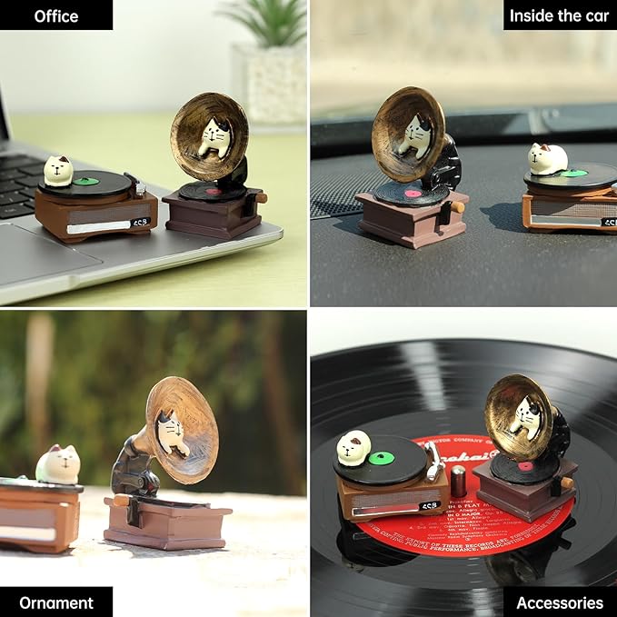 Cat Vintage Phonograph and Cat Record Player Figurine Suitble for Office, Home Decoration Perfect Cute Cat Gift for Cat Lovers