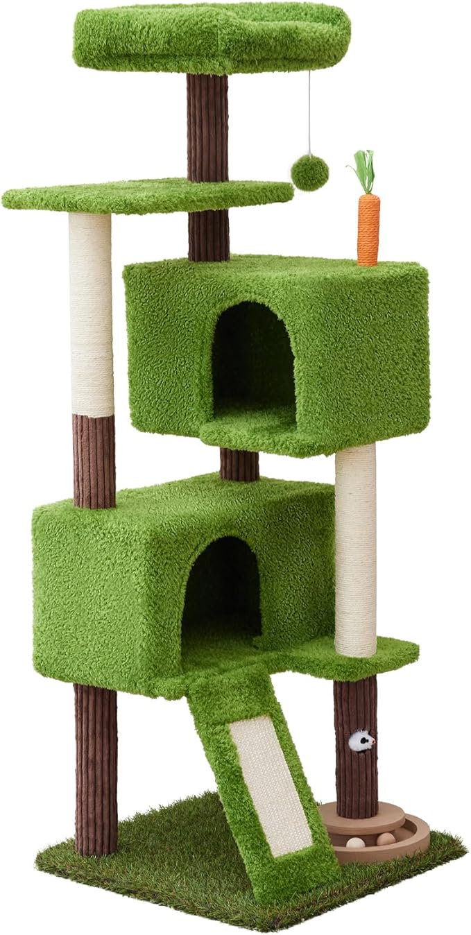 55in Tall Cat Tree Tower with Cat Toys for Indoor Multi-Level Cozy Large Cat Tree with Condo Top Perch and Sisal Scratching Posts, Green Cat Tower for Kitty and Adult Cats