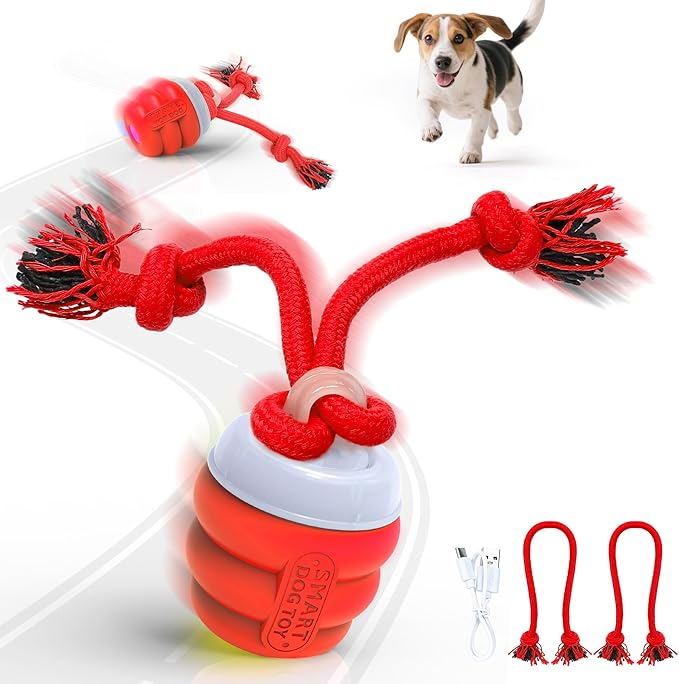 Interactive Dog Toys Balls, Squeaky Dog Toy Active Rolling Ball for Training,Fit for Large/Medium/Small Puppy and Boredom Dogs,Rechargeable Smart Automatic Dog Toys(Red)