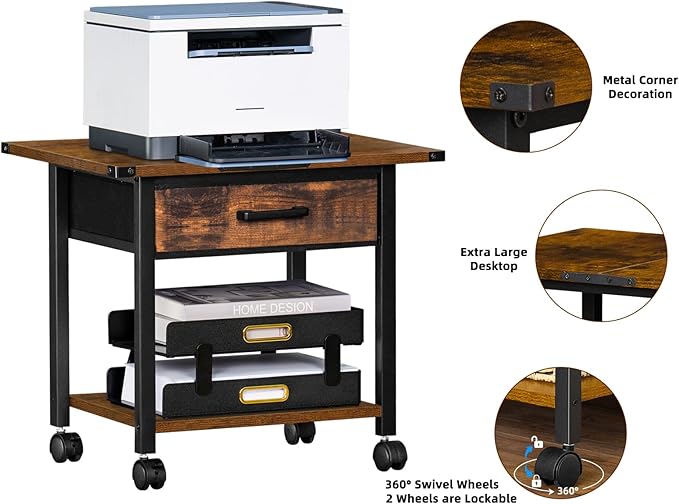 Lerliuo Under Desk Rolling Printer Stand with Drawer, 2-Tier Industrial Mobile Printer Table Desk with Storage Shelf and Steel Frame, Printer Cart Holder with Lockable Wheels for Home, Office (Brown)