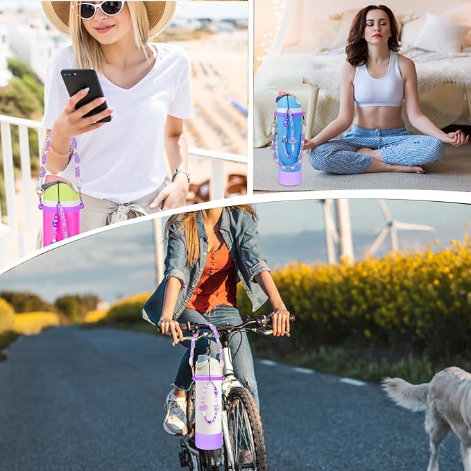 Mity rain Water Bottle Accessories Set for Owala, Including Water Bottle Handle Strap, Charms,Bohemian Style Personality and Easy to Carry (Purple, 24oz)