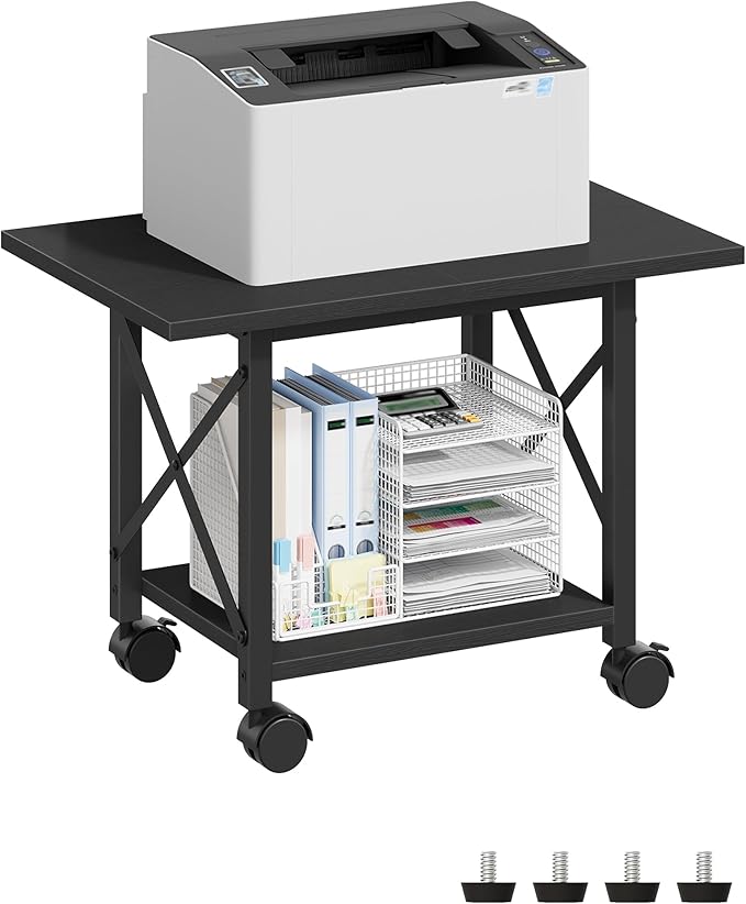 23.6" Under Desk Printer Stand, 2-Tier Printer Table with Wheels Adjustable Feet for Home Office, Study, Living Room, Black TPS01BB