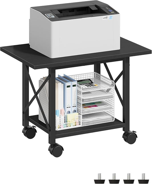 23.6" Under Desk Printer Stand, 2-Tier Printer Table with Wheels Adjustable Feet for Home Office, Study, Living Room, Black TPS01BB