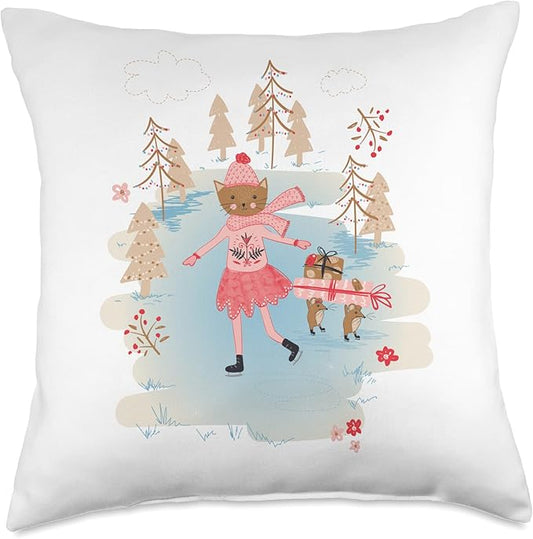 Ice Skating Figure Skating Cute Kitty Cat Women Girls Teens Throw Pillow