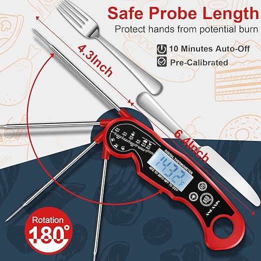 Meat Thermometer Digital for Grilling and Cooking - ANDAXIN Waterproof Ultra-Fast Instant Read Food thermometers with Backlight & Calibration for Kitchen, Deep Fry, BBQ, Grill(Red/Black), LCD