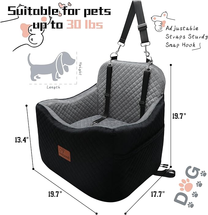 Dog Car Seat for Small Medium Dogs-Safety and Comfy Pet Booster Carseats with 2 Clip-On Satebelt & Storage Pockets,Washable and Detachable Puppy Car Seat for Dogs up to 30 lbs.(H-Black/Grey)