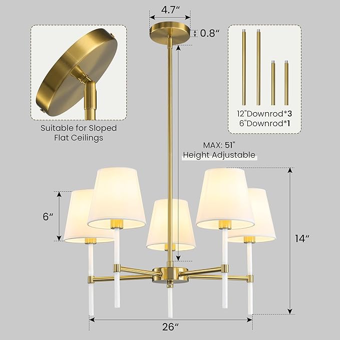 Dining Room Chandeliers Light - 5-Light White and Gold Modern Chandeliers Light Fixtures with White Fabric Shade, Height Adjustable Pendant Island Light for Entryway Farmhouse