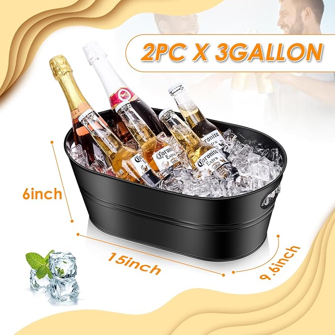 Ice Buckets for Parties 2 Pcs 3 Gallon Galvanized Beverage Metal Tub Champagne Drink Wine Black Large Ice Bucket with Scoops for Cocktail Mimosa Bar Supplies