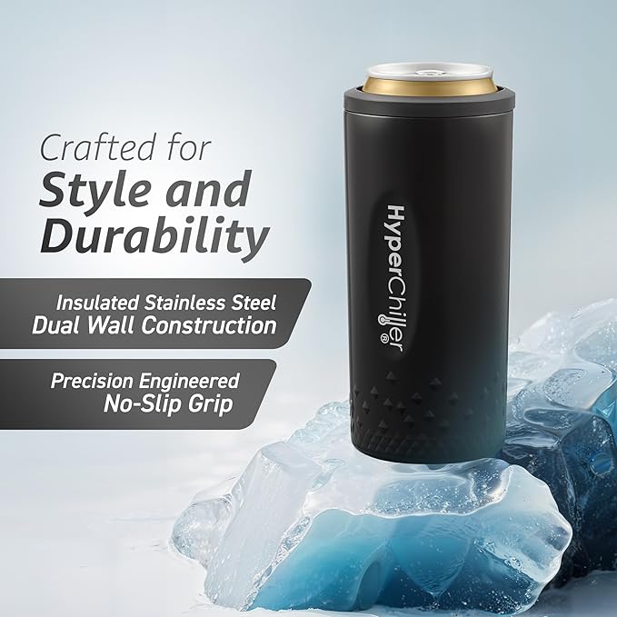 HyperChiller NEW SLIM HBC100SB, Dual Wall Vacuum Insulated, Slim Can Cooler, Beer, Soda, Energy Drinks, Seltzer, Wine Cooler, Fits All Standard 12 OZ Slim Cans, Cup Holder Friendly, Black