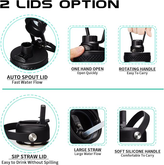 Insulated Water Bottle 64oz - w/Paracord Handle, Straw & Spout Lids, Carrier Bag, Half Gallon Sport Stainless Steel Water Flask Jug, Thermo Mug Triple-wall Vacuum Insulated Water Bottle