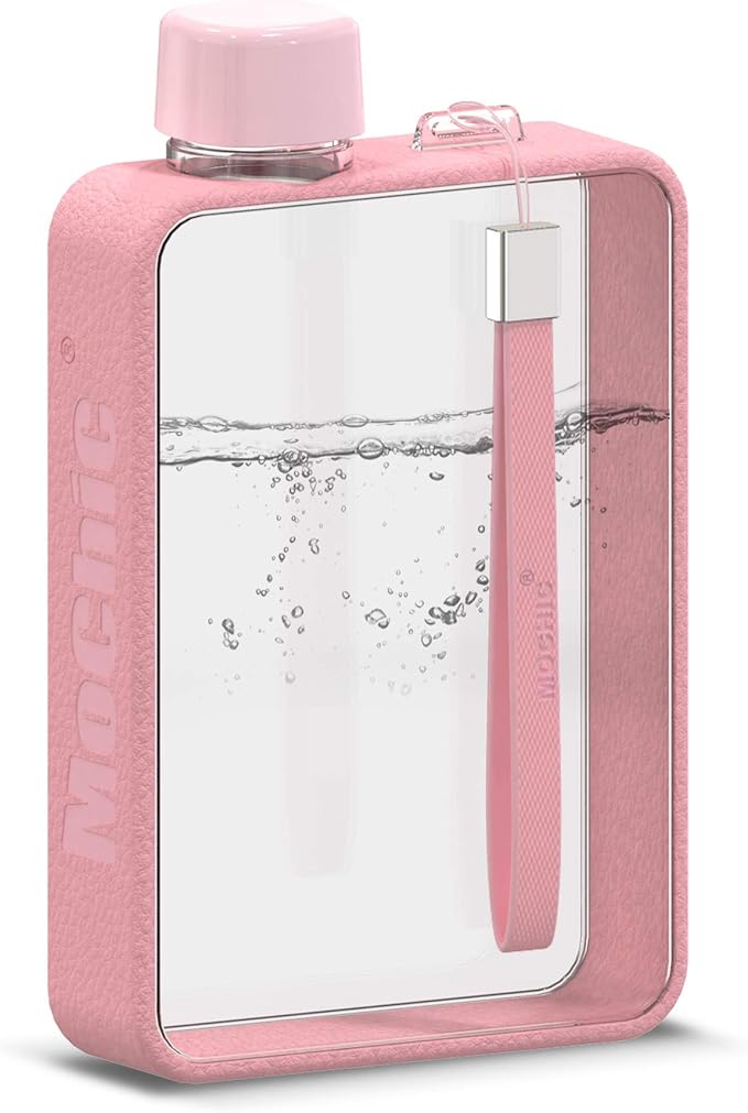 Mochic 13oz Flat Portable Travel Mug Handbag Slim Cold Flask | BPA Free A5 Water Bottle Tritan Plastic | Sports, Camping, Gym, Fitness, Outdoor - Leak Proof. 380ml (Pink)
