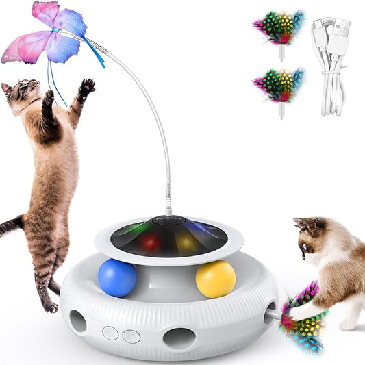 Interactive Cat Toys: 3 in 1 Automatic Cat Toy for Indoor Cats, Electric Kitten Toy with USB Rechargeable, Self Play Kitty Toys with Spinner Fluttering Butterfly, Track Ball and 2 Ambush Feathers