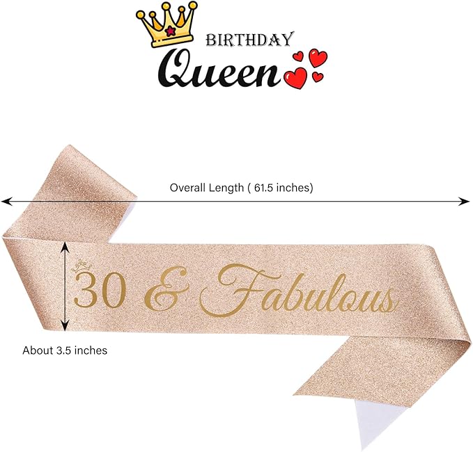 30th Birthday Decoration Sash for Women 30 & Fabulous,30th Birthday Decorations for Her Birthday Party Gift Decorations Favors (30th Birthday Sash)