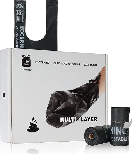 Ultra Thick RockRhino Dog Poop Bags - ECO Heavy Duty, Multi-Layer Bottom, 0% Plastic, 100% Home Compostable, Mint-Scented, Easy Open Tie Handles, Glove-Like Fit - 120 Bags