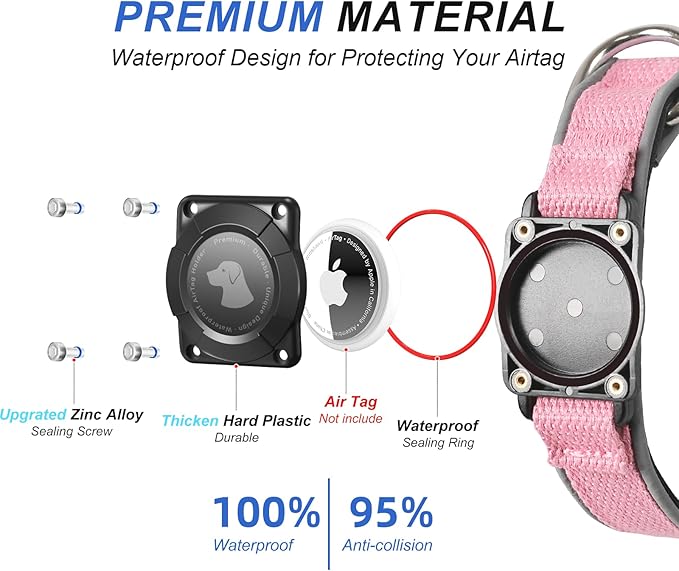 Waterproof Airtag Dog Collar - Nylon Collar with Durable Airtag Holder, Reflective&Anti-Lost with Safety Metal Buckle, Soft Padded Adjustable for Small Medium Large Dogs Pink XL