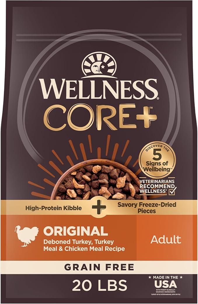 Wellness CORE+ (Formerly RawRev) Natural Grain Free Dry Dog Food, Original Turkey & Chicken with Freeze Dried Turkey, 20-Pound Bag