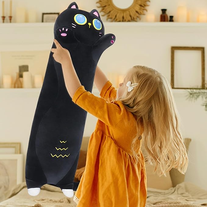 Long Black Cat Plush Pillow,35.5" Large Black Cat Stuffed Animal,Weighted Cat Plush,Cuddly Sleeping Hugging Stuffed Animal, Giant Cute Body Pillow,Plush Toy Gift at Birthday Kids Adults