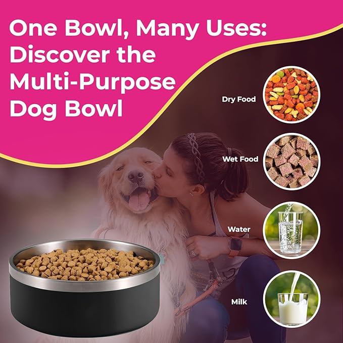 64 oz Black Anti-Skid Dog Bowl, Vacuum Insulated, Powder Coated, Stainless Steel, Non-Slip, Easy to Clean
