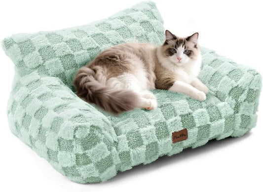 MADE 4 PETS Cat Beds for Indoor Cats, Cat Couch Bed, Soft Faux Fur Checkered Pet Sofa, Calming Fluffy Kitten Sofa with Supportive Foam, Removable Washable Cover with Non-Slip Base, Green, Small