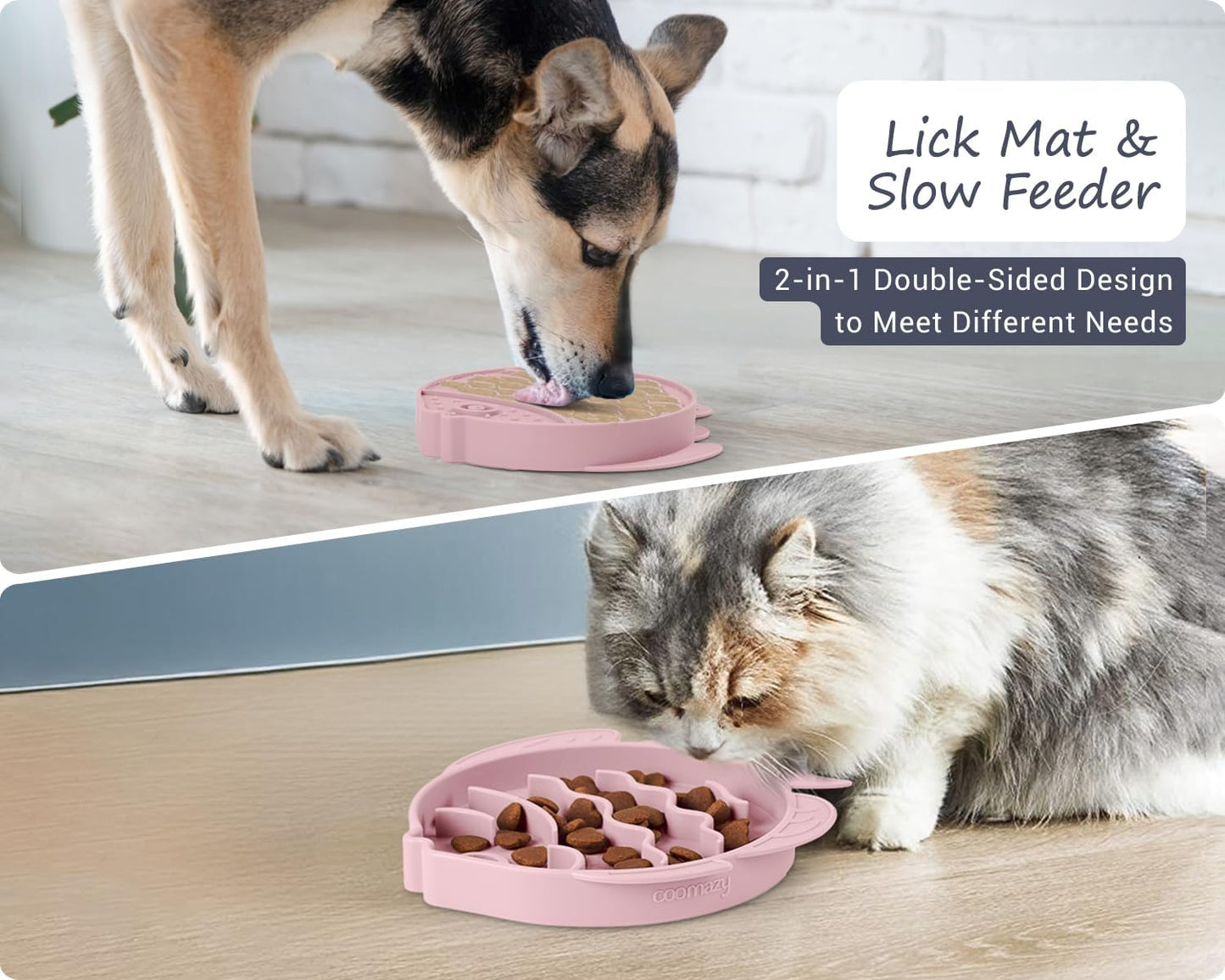Coomazy 2-in-1 Silicone Slow Feeder Dog Cat Bowls, Lick Mat Interactive Puzzle Toy for Pets Dry/Wet Food Training, Keeps Dogs Cats Busy, Prevents Puppy Kitty Overeating (Pink, 1.2 Cup)