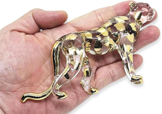 WitnyStore Tiny 5" Clear Gold Stand Cheetah Leopard - Miniature Hand Blown Painted Glass Panthera Feline Wild Cats Small Crystal Wildlife Animals Decorative Figures Collectible Figurines Décor Gifts