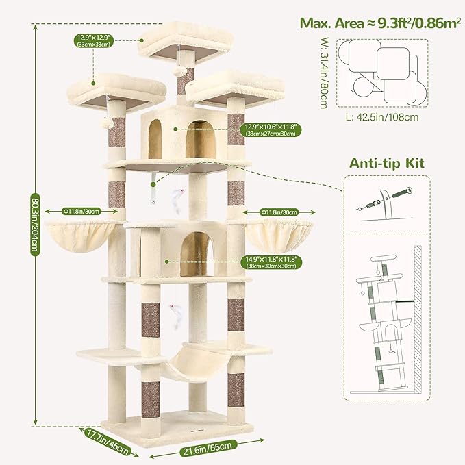 Globlazer Big Cat Tower for Indoor Cats, 80inch Cat Tower for Multiple Adult Cats XXL Cat Tree with Scratching Post, Hammock, 3 Perches, 2 Condos, 2 Hanging Basket, F80, Beige