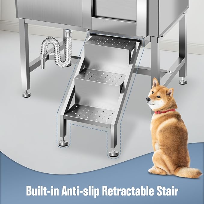 38" Dog Bathing Station, Professional Dog Washing Station Stainless Steel Dog Grooming Tub for Home,Equipped with Three Anti-Slip Steps, Removable Door, Pet Wash Station for Pet,R-RAMP