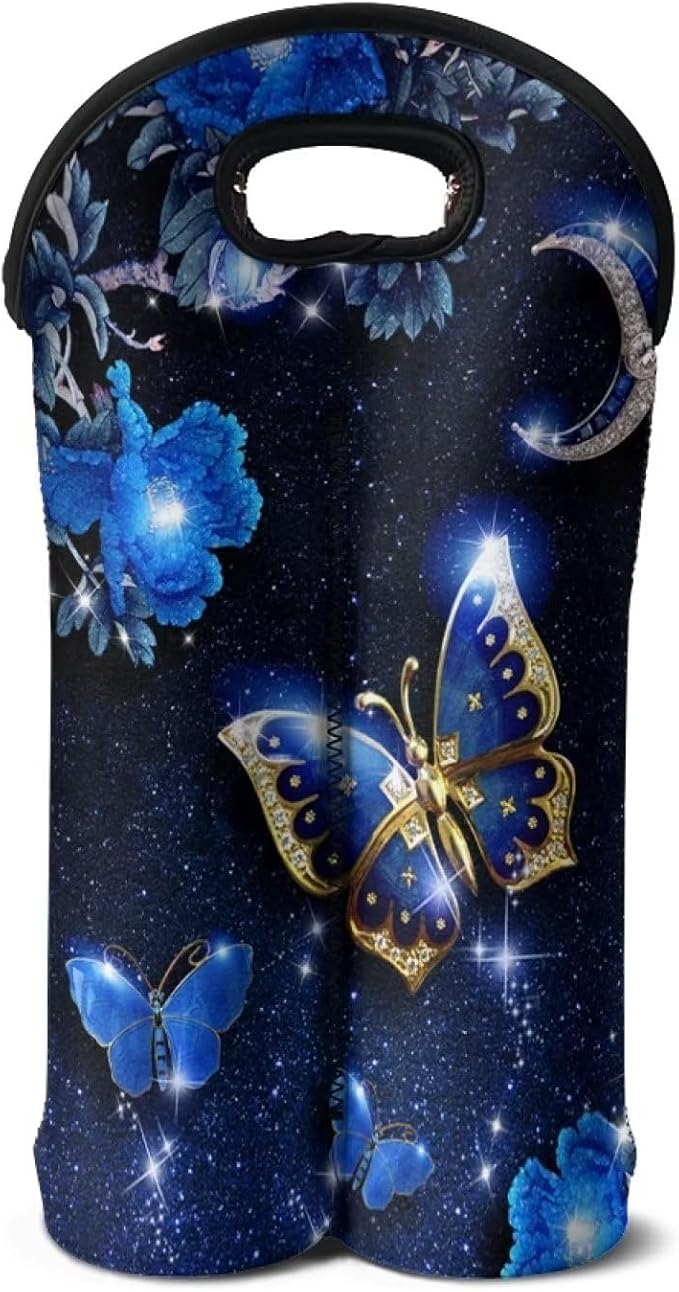 doginthehole Blue Butterfly Wine Bag with Handle Neoprene Tote Wine Champagne Beer Bags Reusable Washable Wine Carrier Portable 2 Bottle Wine Carrying Bag, Gift for Wine Lover