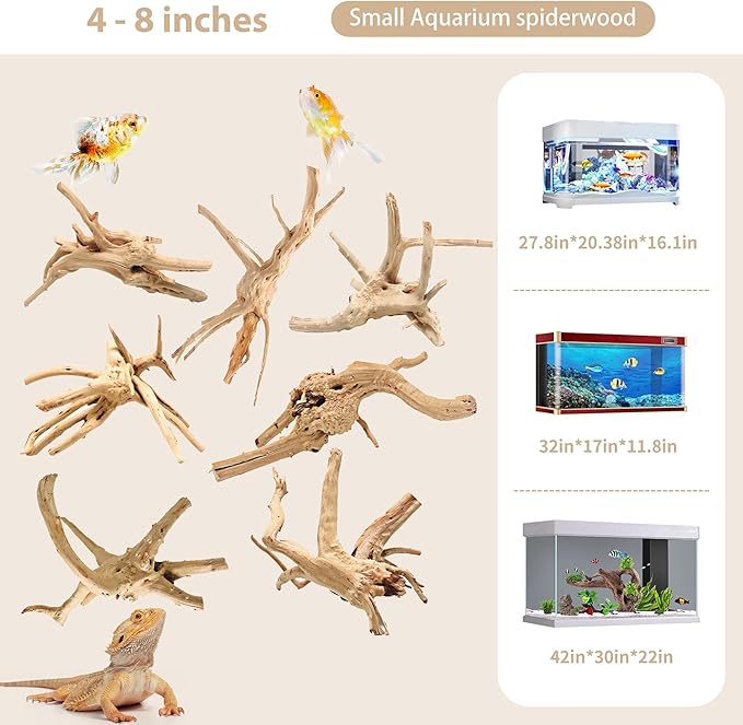 WDEFUN Natural Spiderwood for Aquarium Decor 7-Piece 4''-8'' Long Natural Driftwood Branches for Fish Tank Decorations