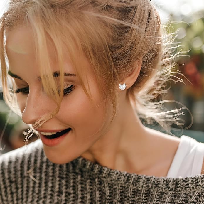 925 Sterling Silver Freshwater Pearl Cat Stud Earrings for Women, Cat CZ Studs Hypoallergenic Jewelry Gift