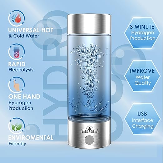 Hydrogen Water Bottle 2024, Hydrogen Water Bottle Generator with SPE PEM Technology Water Ionizer, Three Minute Rapid Electrolysis (Silver)
