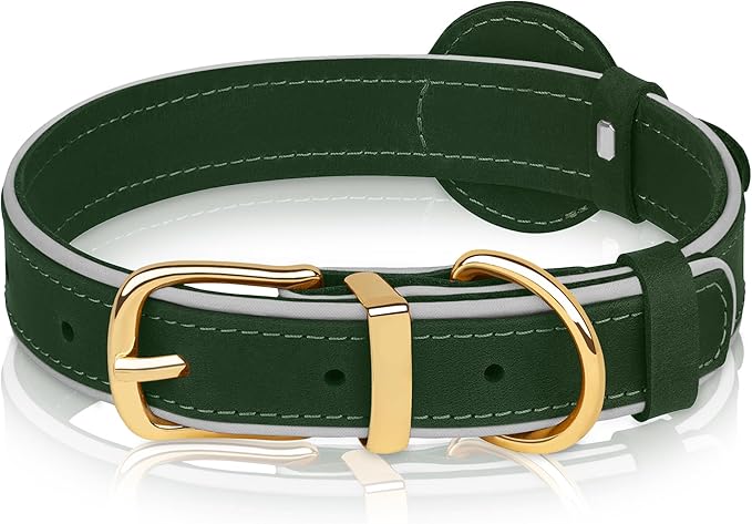OOPSDOGGY Reflective Geniune Leather Airtag Dog Collar Soft Padded Collars for Small Medium Large Breed Dogs Puppy, 4 Sizes, 7 Colors (Green, XLarge, 19"-24")