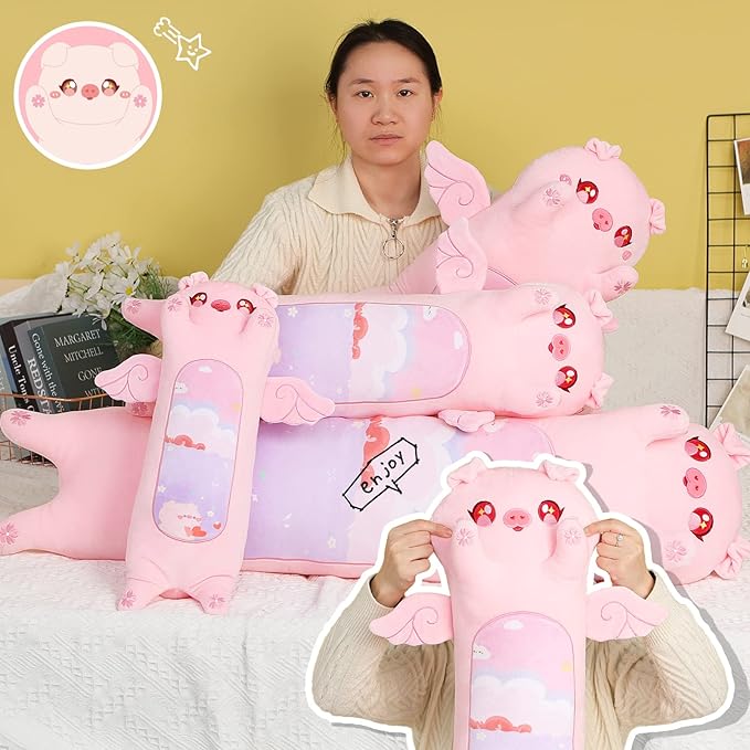 AIXINI Long Pig Plush Pillow Cute Angel Pink Pig Stuffed Animals, Soft Kawaii Piggy Plushies Pillow Toy for Kids (Angel Pig,27.5inch)