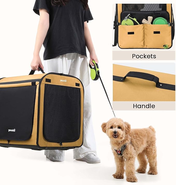 Dog Car Carrier Light Weight, Dog Carrier for Cars Easy to Assemble, Dog Cars Crate Portable and Breathable, Foldable Pet Carrier for Both Indoor and Outdoor Use, Dogs Travel Crate with Curtain Brown