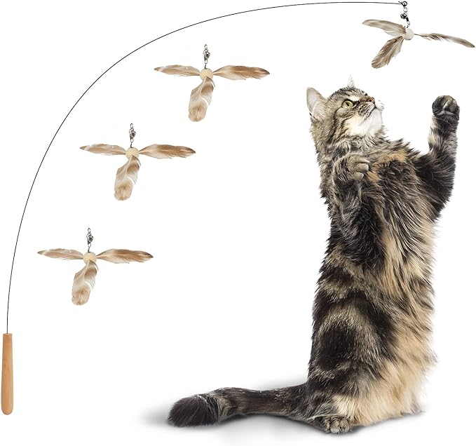 FUKUMARU Cat Wand Toy, 35.5 Inch Cat Feather Propeller Toy with Bell, Steel Wire Cat Toy for Indoor Cats with 4PCS Natural Feather
