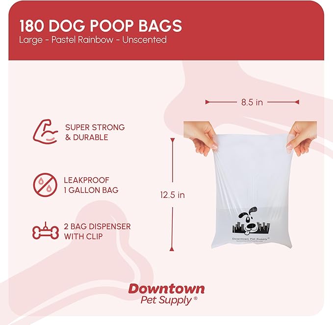 Downtown Pet Supply Unscented Poop Bags for Dogs with Dispenser, 180 Count - Leak-Proof Dog Waste Bags and Bone-Shaped Dog Poop Bags Holder for Leash - Pastel Rainbow, 12.5" x 8.5"