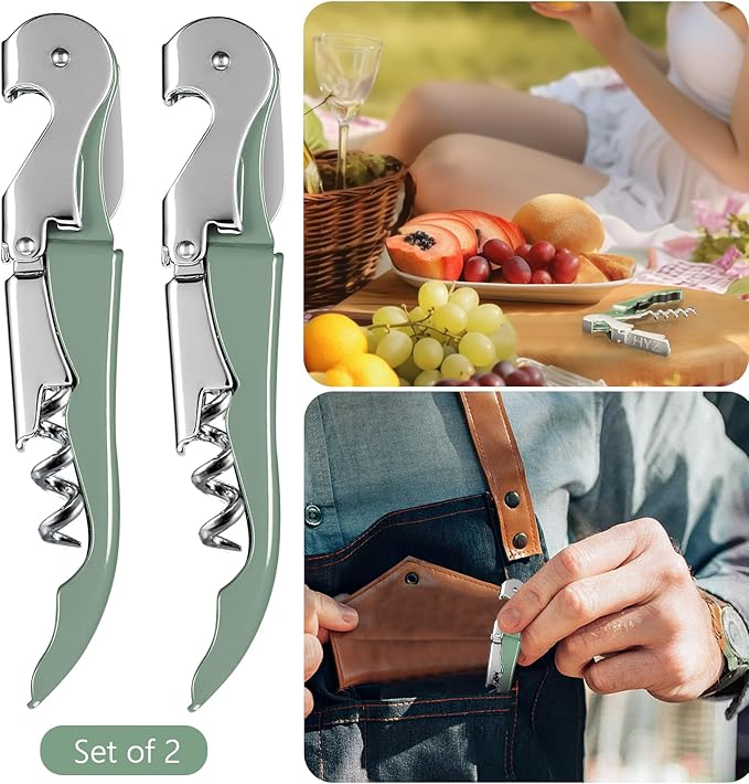 HYZ 2-Pack Wine Opener Waiter Corkscrew, Professional Wine Key for Servers, Bartender with Foil Cutter, Manual Wine Bottle Opener Double Hinged (Army Green)