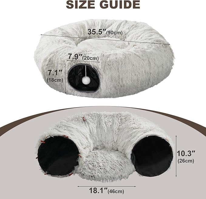 Cat Tunnel Bed, Cat Tunnels for Indoor Cats with 6 Extra Snap Fasteners, Donut Tunnel Tube with Cat Toys Balls for Bored Indoor Adult Cats, Peekaboo Cave Playground for Kitten Rabbit Ferret Hideaway