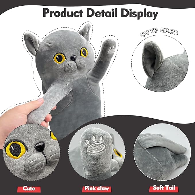 Long Cat Plush Pillow, 19.6in Cute Gray Cat Plushie Stuffed Animals Body Pillow, Kawaii Kitten Soft Plushie Doll Toy Birthday Gift for Kids Girlfriend