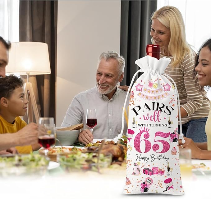65th Birthday Gifts for Women Men Wine Bag, 65 Year Old Birthday Gifts for Women, 65th Birthday Party Decorations for Women Men, Pairs Well with Turning 65 Wine Bags (White Pink)