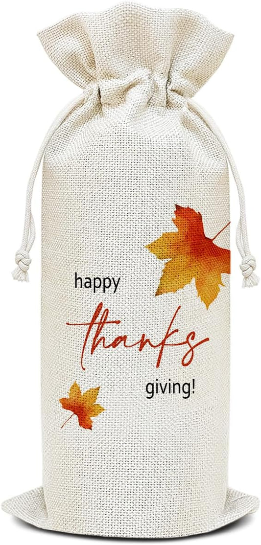 Wine Canvas Bag, Thanksgiving Wine Gift Bag, Thanksgiving Gifts for Women Men Friends Autumn Harvest Party Wine Bags for Wine Bottles, Wine Gifts With Drawstring Holiday Fall Party Decoration -WB34