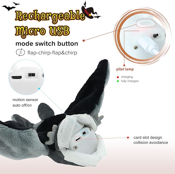 LEWISER Cat Toys, Flapping Wings Cute Bat, No Flying, Chirping Bird Interactive Catnip Toy for Kitten or Small Dogs, Touch Activated, Rechargeable
